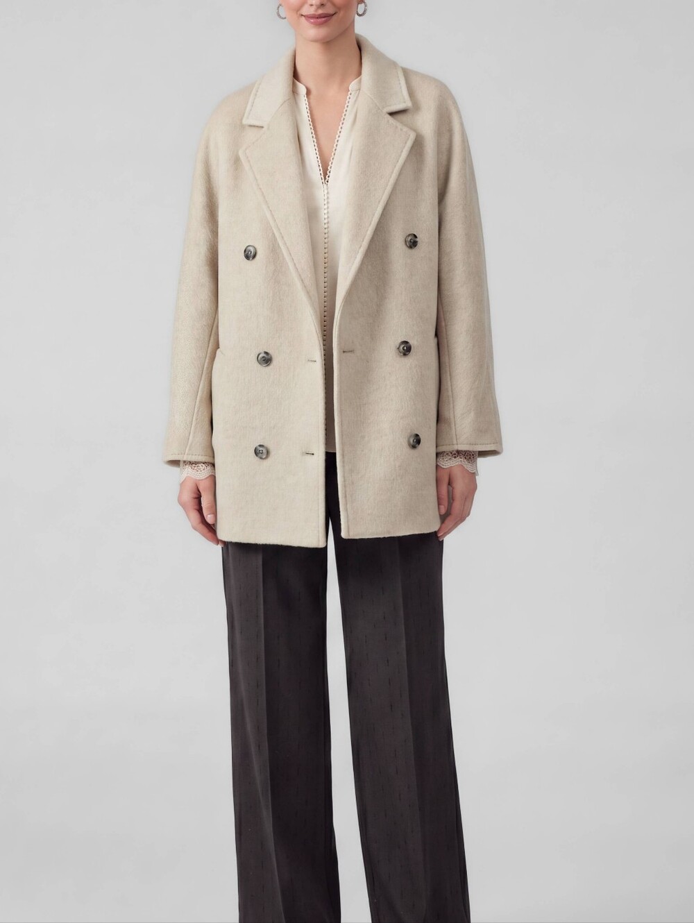 Current Air Double-Breasted Light Beige Pea Coat
